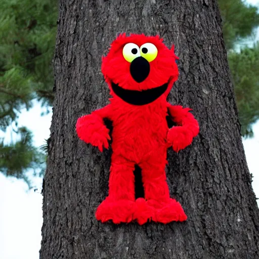 Image similar to Creepy Elmo behind a tree