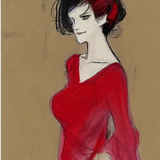 Prompt: a woman with red dress, illustration by amano