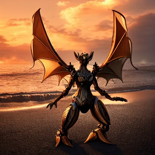 Prompt: a highly detailed beautiful majestic anthropomorphic robot female dragon, with smooth and streamlined mechanical armor, standing and posing elegantly on a beach, well detailed head with LED eyes, with sharp claws on her hands and feet, two arms, two legs, long tail, artstation, DeviantArt, professional, octane render, sunset lighting