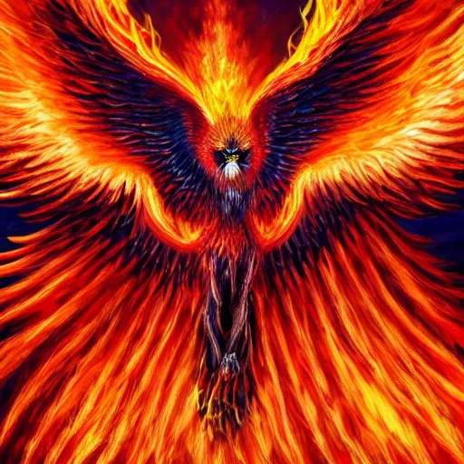 Prompt: hyperdetailed image of a phoenix with its full body flaming and wings spread 8 k extremely detailed hd hyperrealism fiery extremely accurate unbelievably creepy