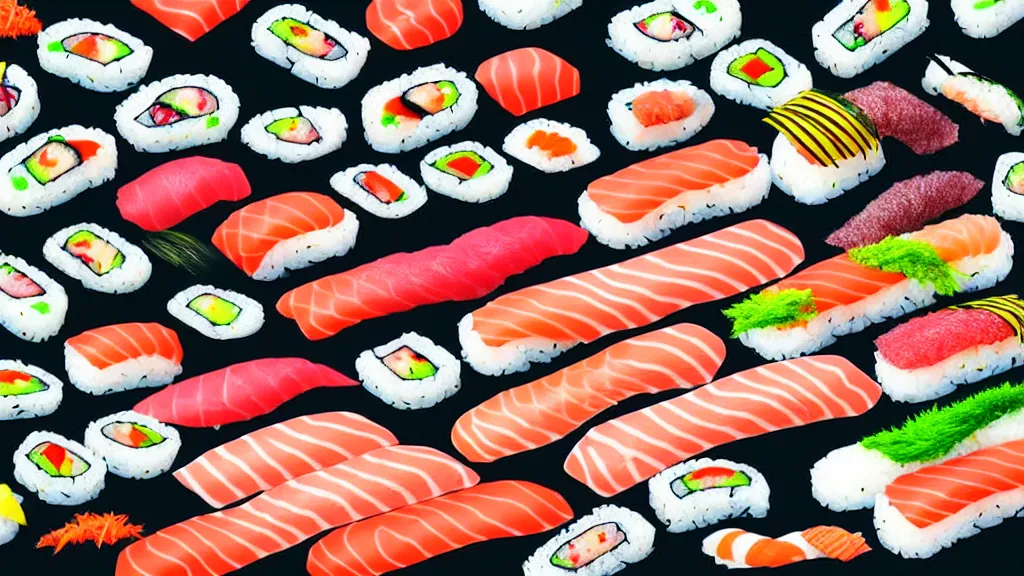 Image similar to an arrangement of sushi, a collage painting, in the style of wes anderson, lola dupre, david hockney, isolated on negative white space background dark monochrome neon spraypaint accents volumetric octane render