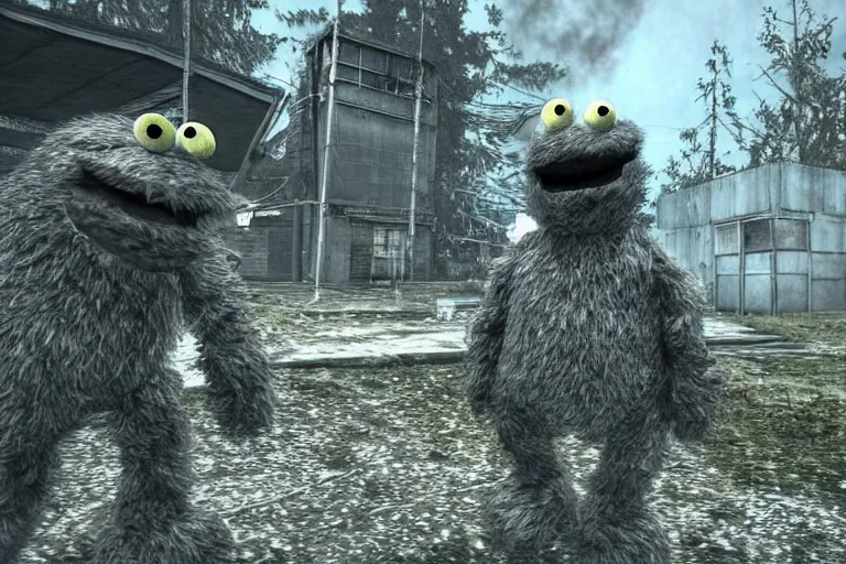 Image similar to “ a screenshot of cookie monster in s. t. a. l. k. e. r. : shadow of chernobyl ”