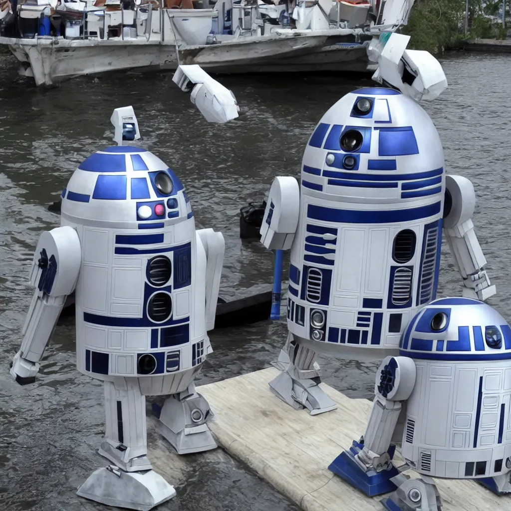 Prompt: r 2 d 2 on a boat