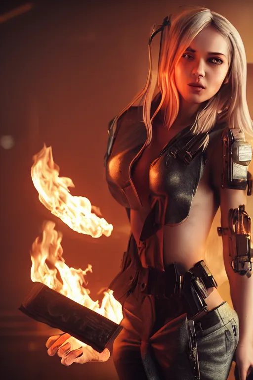 Image similar to gorgeous blonde woman with fire in her hand, cyberpunk, realistic, high definition, many details, art of unreal engine 5