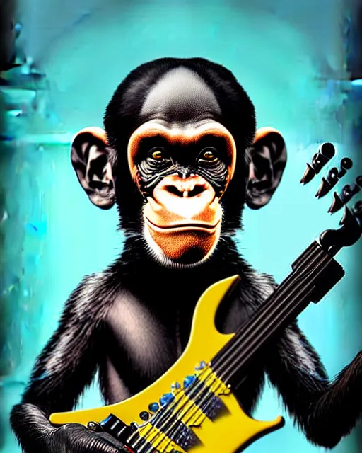 Image similar to a portrait of an anthropomorphic cyberpunk chimp shredding an electric guitar and singing into a microphone on a stand by sandra chevrier, by jon foster, detailed render, tape deck, epic composition, cybernetics, 4 k realistic, cryengine, realistic shaded lighting, sharp focus, masterpiece, by enki bilal