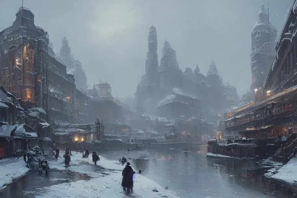 Prompt: highly detailed painting of dieselpunk stockholm, winter, snow, river, by greg rutkowski, 4 k resolution, trending on artstation