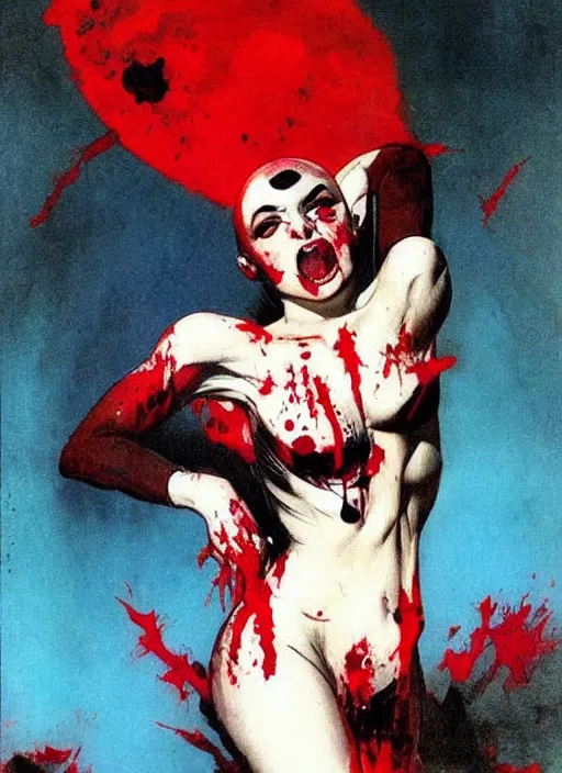 Image similar to portrait of bald iranian vampiress, strong line, saturated color, beautiful! coherent! by frank frazetta, high contrast, blood splatter background