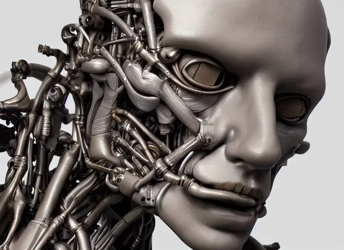 Image similar to a bust sculpture of anatomical cyborg, ,detailed face, ceramic base, studio lighting