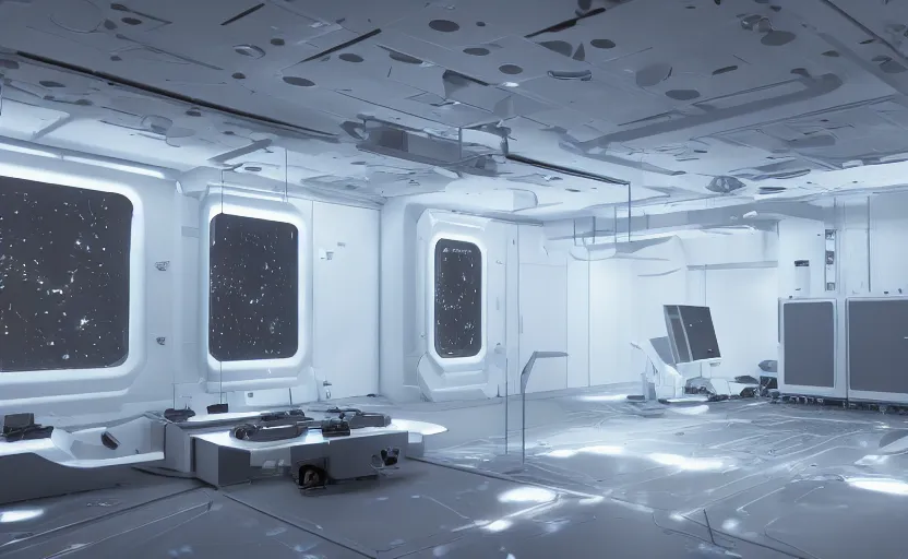 Prompt: space room with computer interfaces on the floor, ceiling and walls, dimly illuminated by led lights, octane render, ray - tracing, 4 k, 3 3 mm