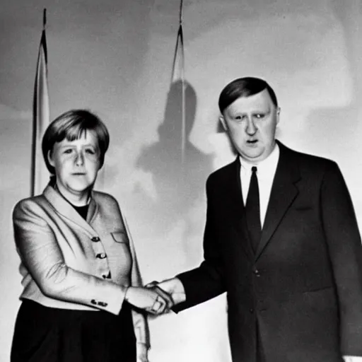 Prompt: chanceler merkel and hitler shaking hands with a mushroom cloud in the background, press photo