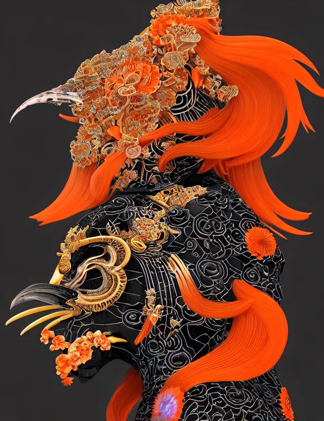 Image similar to 3 d goddess close - up profile portrait biomechanics with ram skull. beautiful intricately detailed japanese crow kitsune mask and clasical japanese kimono. betta fish, jellyfish phoenix, bio luminescent, plasma, ice, water, wind, creature, artwork by tooth wu and wlop and beeple and greg rutkowski. gold black teal and orange color scheme