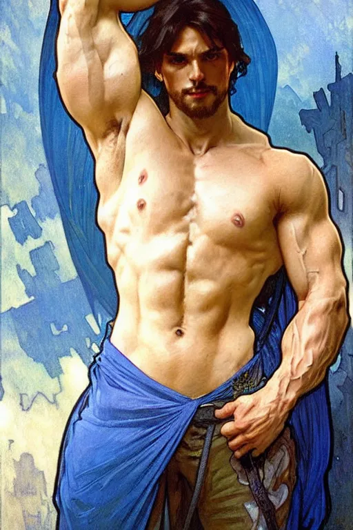 Image similar to A man wearing blue clothes, muscular, fantasy, painting by greg rutkowski and alphonse mucha