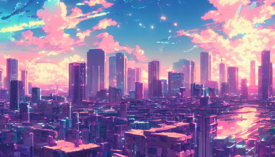 Prompt: beautiful anime synthwave cityscape by makoto shinkai