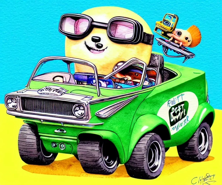 Prompt: cute and funny, beaver wearing goggles driving a tiny hot rod with an oversized engine, ratfink style by ed roth, centered award winning watercolor pen illustration, isometric illustration by chihiro iwasaki, edited by craola, tiny details by artgerm and watercolor girl, symmetrically isometrically centered