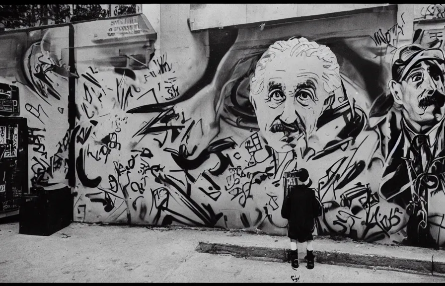 Prompt: DJ Nikolai Tesla spins some beats while MC Albert Einstein drops some dope rhymes, trendy futuristic street art, graffiti, 35mm camera