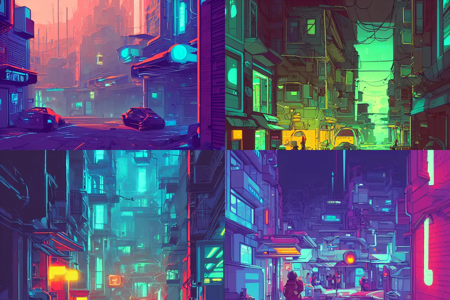 Prompt: concept art of an alley in a futuristic city in style of dan mumford and laurie greasley by james gilleard, neon, very detailed, atmospheric, wide angle, vivid