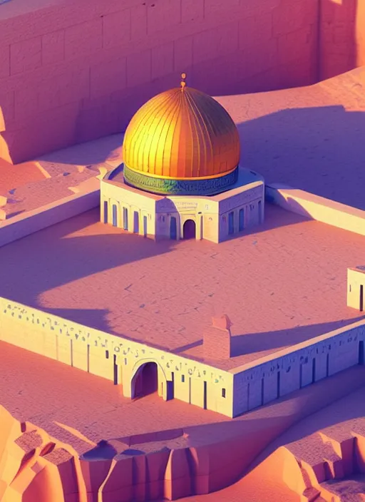 Prompt: a low poly isometric render of dome of the rock in the style of monument valley, intricate, elegant, smooth shading, soft lighting, illustration, simple, solid shapes, by magali villeneuve, jeremy lipkin and michael garmash, rob rey and kentaro miura style, octane render
