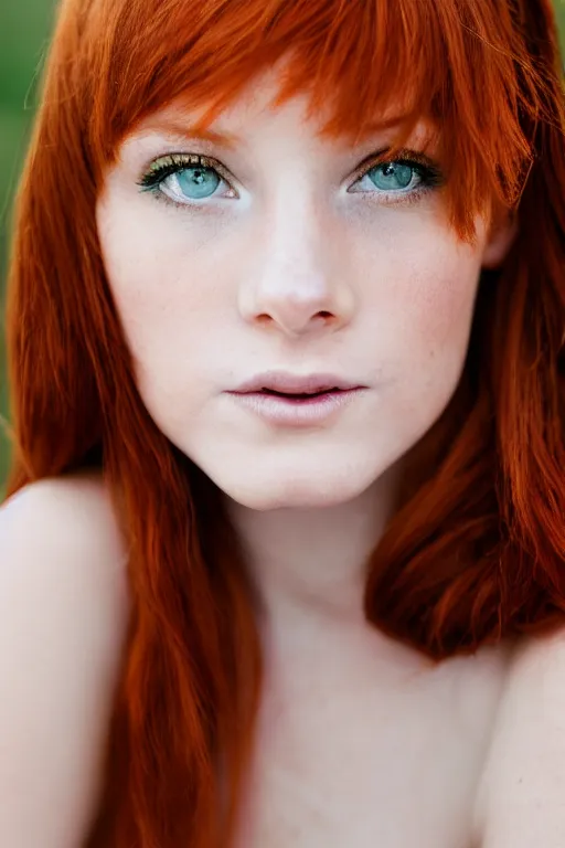 Image similar to a portrait of a redhead beautiful girl, green eyes, highly detailed, 3 5 mm f 1. 4 background silver fir