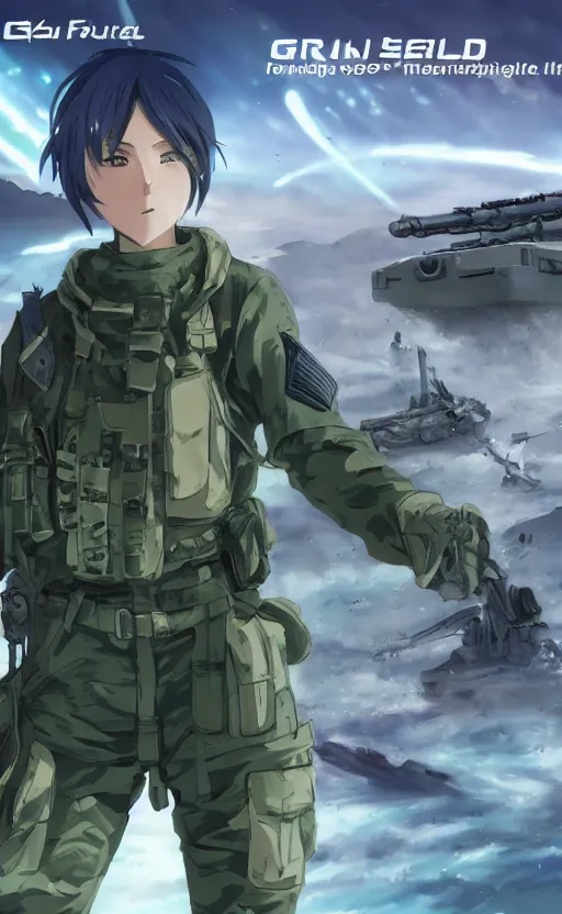 Image similar to girl, trading card front, future soldier clothing, future combat gear, realistic anatomy, concept art, professional, by ufotable anime studio, green screen, volumetric lights, stunning, military camp in the background, metal hard surfaces, focus on doing the face right, strafing attack plane