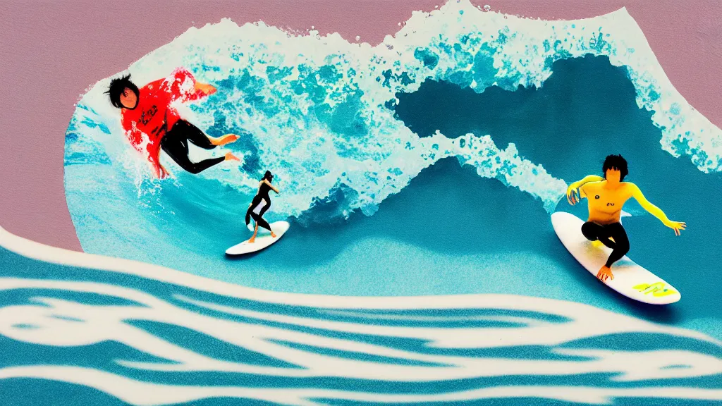 Image similar to surfing in miura, kanagawa japan, a collage painting, in the style of wes anderson, lola dupre, david hockney, isolated on negative white space background dark monochrome neon fluorescent spraypaint accents volumetric octane render