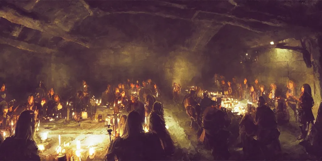 Image similar to low angle epic screenshot of the inside of a vast stone Viking feasting hall, candlelight, boisterous atmosphere, cinematography by Gregory manchess