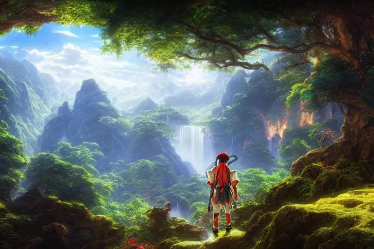 Image similar to a detailed of the greatest explorer emerging from the jungle as a shonen anime protagonist, 1 8 th century south america, octane render, 8 k, volumetric lighting, in the style of disney, art by albert bierstadt and thomas moran