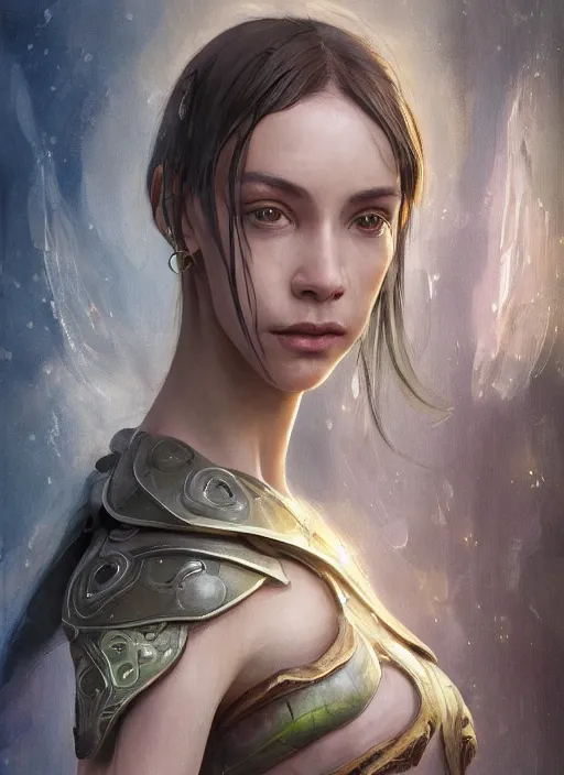 Image similar to a professional painting of a beautiful young female alien, clothed in ethereal armor, olive skin, long dark hair, beautiful bone structure, symmetrical facial features, intricate, elegant, digital painting, concept art, smooth, sharp focus, illustration, from Valerian and the City of a Thousand Planets, by Ruan Jia and Mandy Jurgens and Artgerm and William-Adolphe Bouguerea