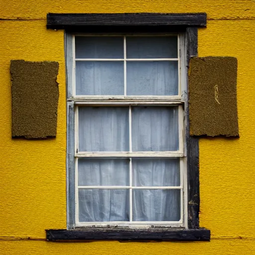 Prompt: the yellow house with eye on window, liminal space