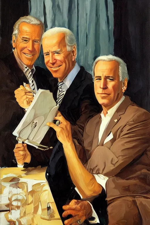 Image similar to joe biden and jeffrey epstein, painting by jc leyendecker!! phil hale!, angular, brush strokes, painterly, vintage, crisp