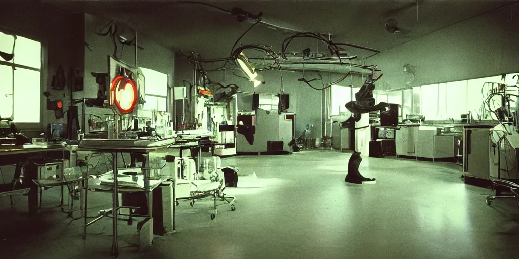 Image similar to a scary filmic wide shot color ground level angle movie still 35mm film photograph of the full body of a dangerous shape shifting alien creature, with multiple mutated snarling drooling human faces with a grotesque variety of human and animal limbs protruding from its lower torso inside of a 1970s science lab, neon lights, dirty, ektachrome photograph, volumetric lighting, f8 aperture, cinematic Eastman 5384 film