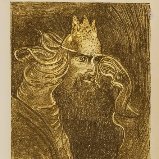 Prompt: King Midas, illustrated by Laurence Housman, etching with gold leaf