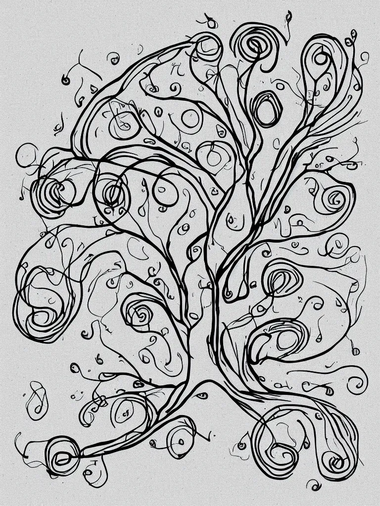 Image similar to minimal single line drawing of an acorn growing into a tree in shape of treble clef, splash of color, vector art