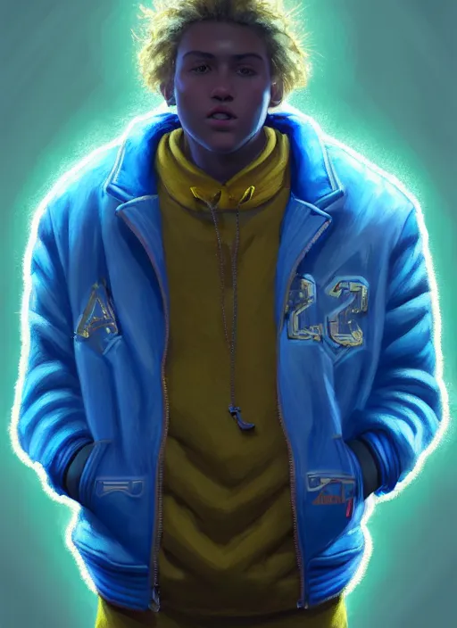 Image similar to portrait of high school senior boy named big moose, blonde short hair, jock, beefy, wide face, square jaw, square facial structure, blue varsity jacket with his name, intricate, elegant, glowing lights, highly detailed, digital painting, artstation, concept art, sharp focus, illustration, art by wlop, mars ravelo and greg rutkowski