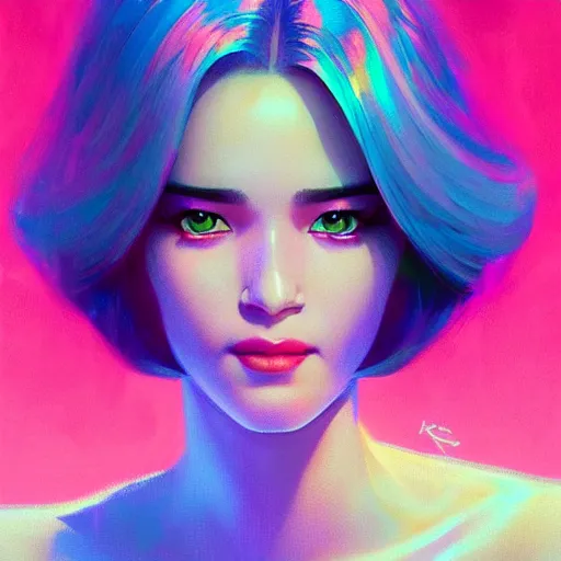 Image similar to smirking hologram woman with cute - fine - face, pretty face, oil slick hair, realistic shaded perfect face, extremely fine details, by realistic shaded lighting, dynamic background, poster by ilya kuvshinov katsuhiro otomo, magali villeneuve, artgerm, jeremy lipkin and michael garmash and rob rey, pascal blanche, kan liu