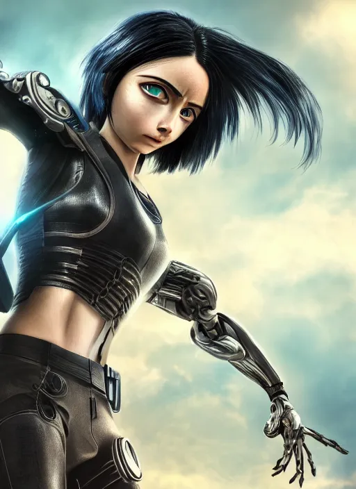 Prompt: Alita Battle Angel, digital painting, cyberpunk, aesthetic, faded, full body portrait, hyper realistic render, 8k