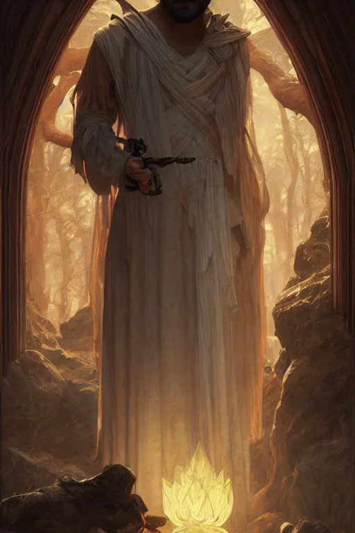 Image similar to Oscar Isaac, druid, cleric, flame spell, D&D, fantasy, intricate, cinematic lighting, highly detailed, beautiful, digital painting, artstation, masterpiece, concept art, smooth, sharp focus, illustration, art by Artgerm and Greg Rutkowski and Alphonse Mucha and william-Adolphe Bouguereau