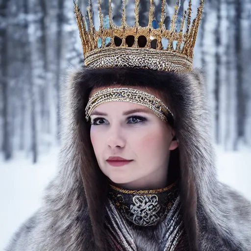 Image similar to portrait photograph of a very beautiful nordic queen with ornate cloak, highly detailed, 4k, HDR, smooth, sharp, focus, hyper realistic, high resolution, award-winning photo, bokeh, graflex camera, super resolution