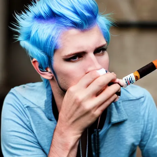 Prompt: a skinny white male singer with blue hair smoking a cigarette, tired eyes