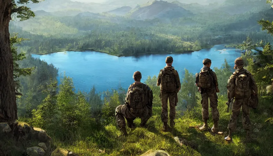 Image similar to back view of soldiers watching lake from the mountains, sunny day, forest, hyperdetailed, artstation, cgsociety, 8 k