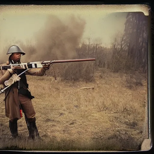 Image similar to Man aiming a musket, wearing a combat helmet, postapocalyptic, polaroid color photo