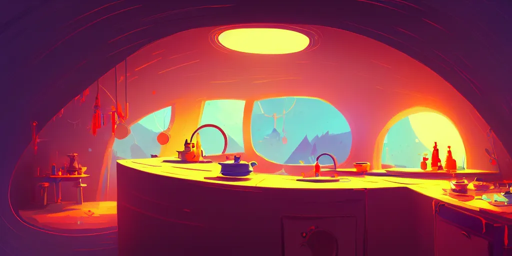 Prompt: naive nerikomi, weird perspective, extra narrow, detailed illustration of a kitchen dim lit by flashlight in a scenic spiral environment by anton fadeev from lorax movie, trending artstation, sci - fi art