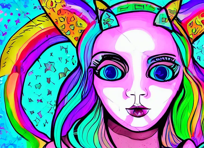 Image similar to girl with cat ears, hippie, psychedelic, lsd, digital drawing, trending on artstation
