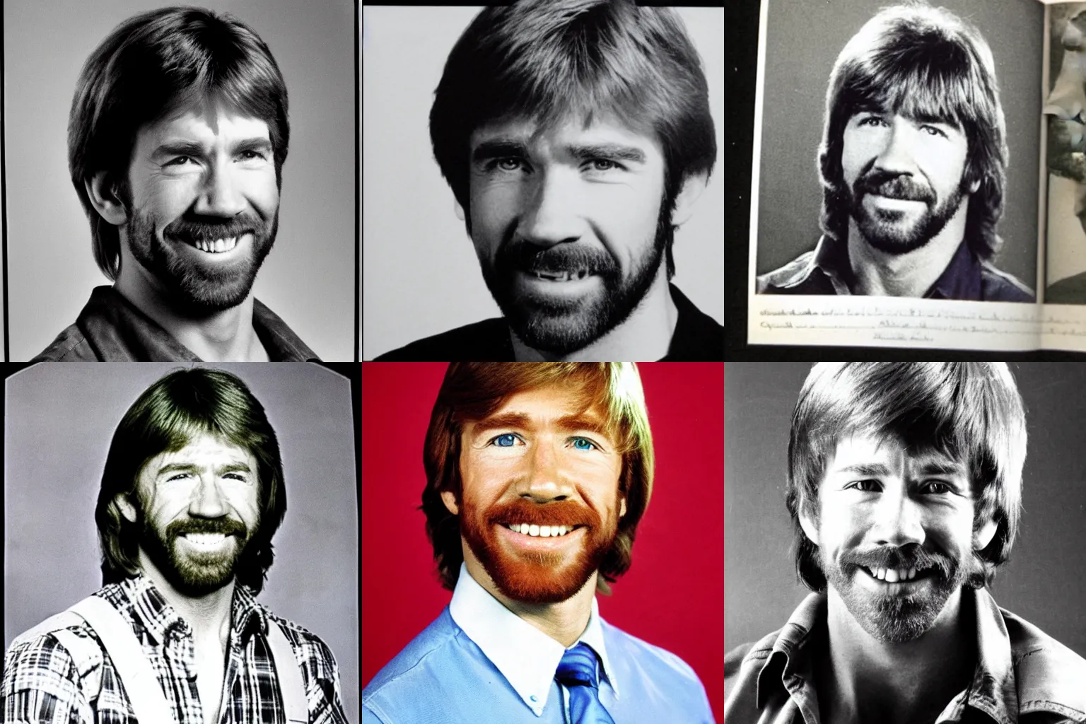 Prompt: Chuck Norris 70's yearbook photo.