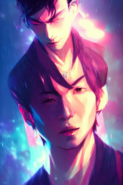 Image similar to a man looks like kamenashi kazuya, blurred environment background, colorful magic effects, white skin, portrait, male, clothed, sharp focus, digital art, concept art, trending on artstation, dynamic lighting, by emylie boivin and rossdraws