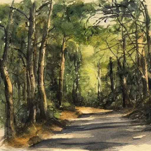 Image similar to sketch, landscape road in the forest to the village, watercolor