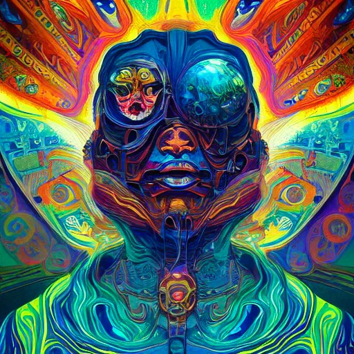 Image similar to An extremely psychedelic experience, colorful, surreal, dramatic lighting, cosmonaut, LSD, face, detailed, intricate, elegant, highly detailed, digital painting, artstation, concept art, smooth, sharp focus, illustration, art by Sam Spratt, Dan Mumford, Artem Demura and Alphonse Mucha