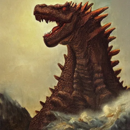 Prompt: neoclassic painting of godzilla