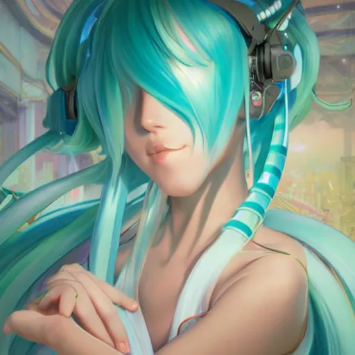 Image similar to hatsune miku, vaporwave, bedroom, highly detailed, digital painting, artstation, concept art, smooth, sharp focus, illustration, art by artgerm and greg rutkowski and alphonse mucha