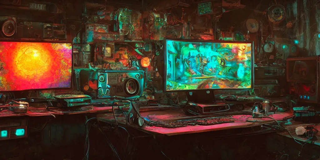 Prompt: A realistic painting of a vintage computer, with psychedelic mushroom art on the screen, in a post apocalyptic setting, unreal 5, DAZ, hyperrealistic, octane render, RPG portrait, dynamic lighting,
