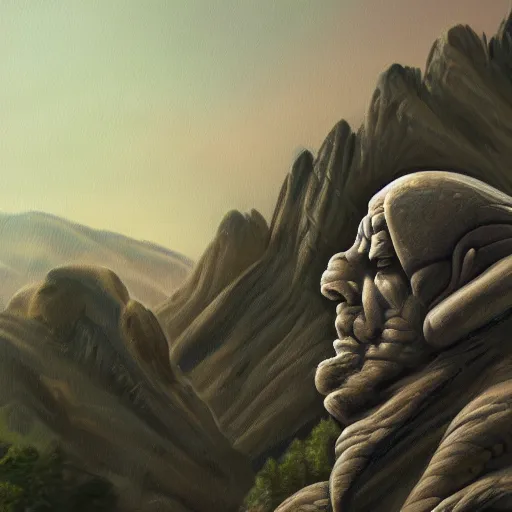Image similar to highly detailed professional landscape painting of alien bust carved into the mountains in the style of mount rushmore, trending on artstation, ultra detail, atmospheric lighting, sci - fi, futuristic, cyberpunk